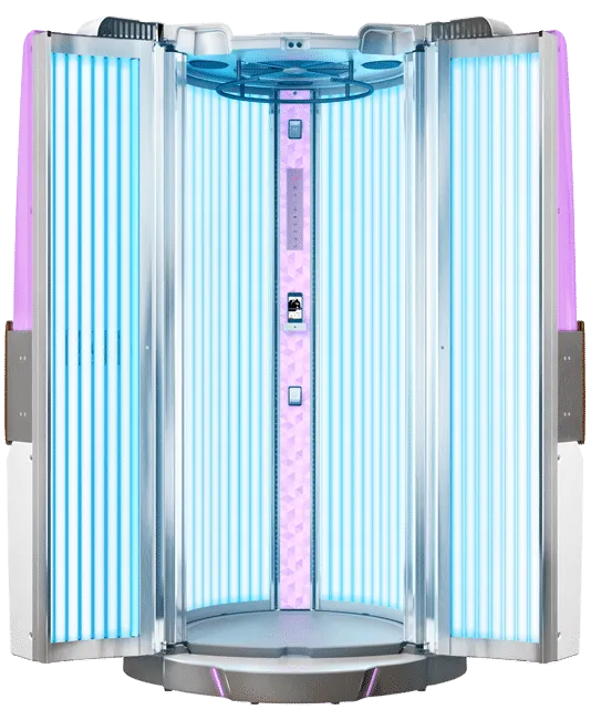 A white stand up sunbed with a blue glow