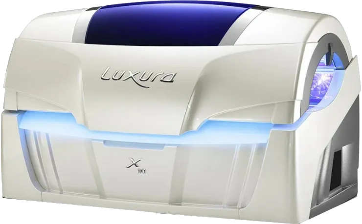 A white lie down sunbed with a blue glow